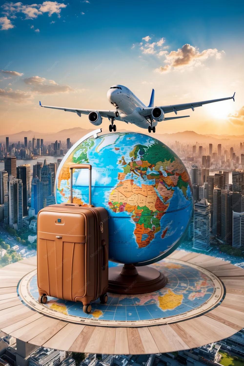 Airplane, globe and suitcase symbolising global recruitment